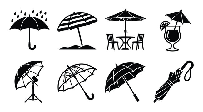 Umbrella vector illustrations. Various open umbrellas, beach umbrella, juice, rain, and closed umbrella.