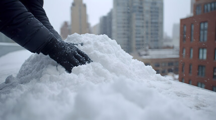 Person wearing black winter gloves pushing through a thick pile of snow 