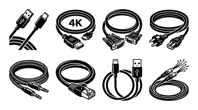 Various cable connectors illustration, USB, HDMI, VGA, power, audio, ethernet, lightning, and fiber optic cables.