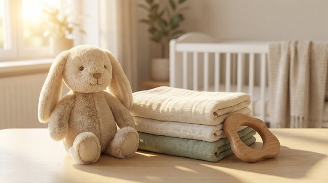 Soft stuffed bunny next to folded towels in bright nursery setting  