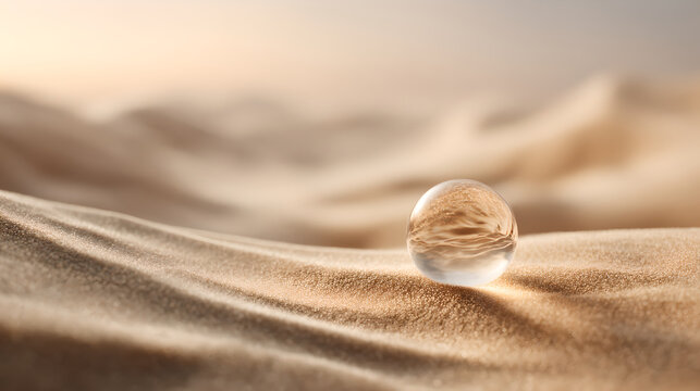 Single Transparent Water Droplet Resting On Soft Rippled Sand In A Dry Desert 