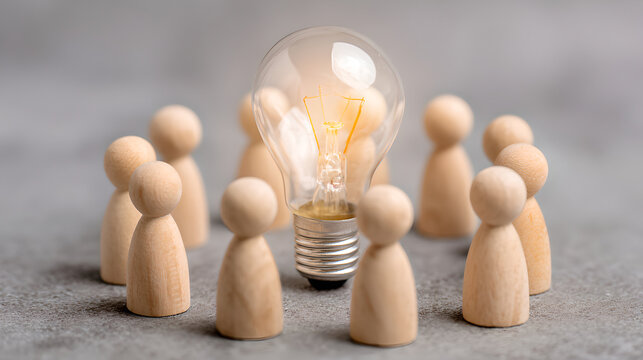 Large Glass Light Bulb Surrounded By A Circle Of Small Wooden Person Figures 