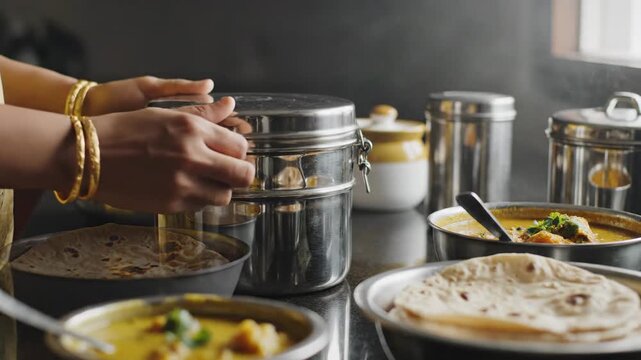 Traditional Indian Meal Preparation Close Up Of Hands Arranging Flatbread Into A Stainless Steel Tiffin Carrier Surrounded By Bowls Of Curry And Spices In A Rustic Kitchen Setting With Warm Natural