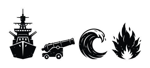 Warship, cannon, wave, and fire illustration icons. Black war related icons for design and decoration.