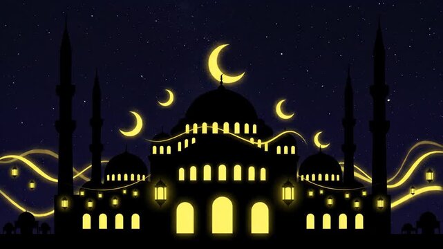 Mosque Silhouette with Crescent Moon Phases.