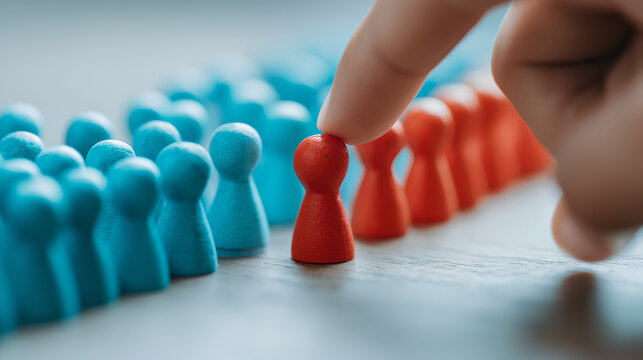 Finger Selecting Single Red Figurine From Row Of Blue And Red Figurines Table 