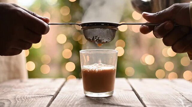 Steaming hot milky tea being poured through a fine mesh strainer into a clear glass cup on a rustic wooden table with a soft bokeh background of golden lights creating a warm inviting atmosphere