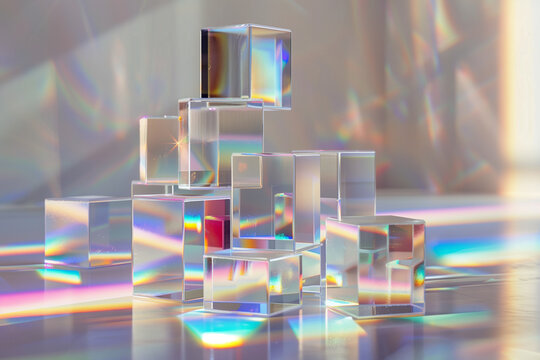 Glass cubes with rainbow light caustics minimalist background