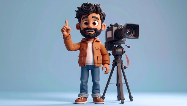A 3D cartoon man with a camera on a tripod