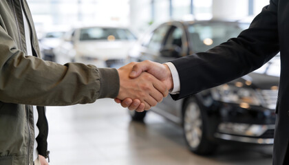 Closeup handshake between customer and sales representative in car dealership showroom vehicle purchase agreement auto finance deal and professional service concept