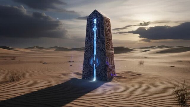 Ancient desert artifact glowing with blue light. Mysterious obelisk emitting energy in a sandy landscape. Sci-fi technology discovery.