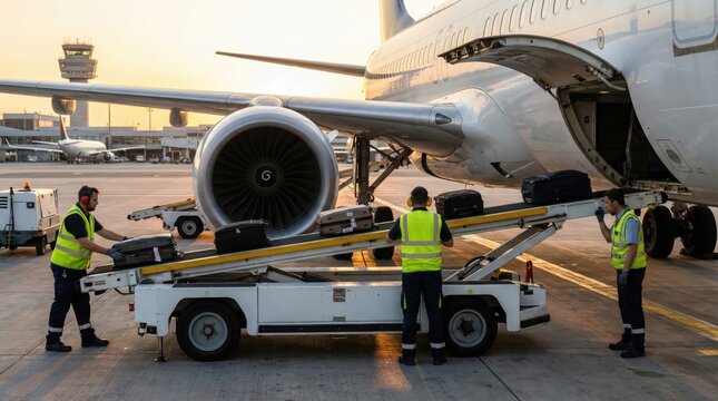 Ground crew handling luggage loading process at airport,baggage being transferred via conveyor to aircraft cargo hold,air travel and transport logistics concept