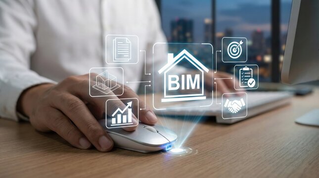 Businessman using futuristic BIM interface with data visualization icons,smart construction and digital architecture technology concept