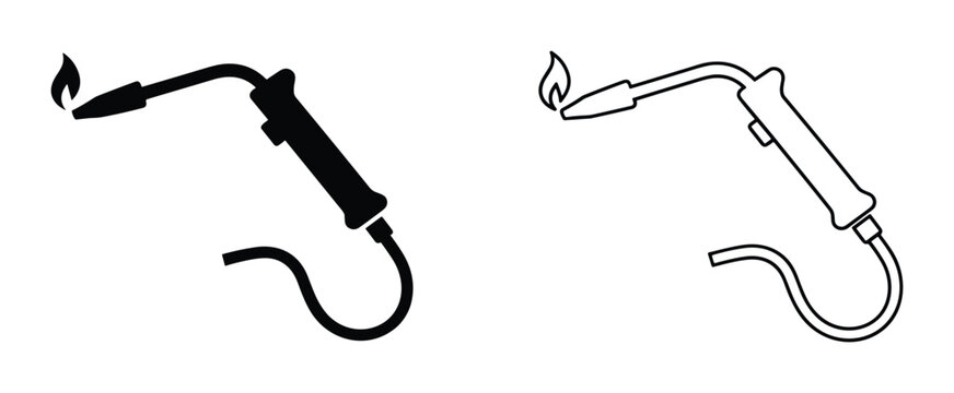 Welding torch vector illustration with flame. Detailed welding equipment with a nozzle, handle, and gas hose.