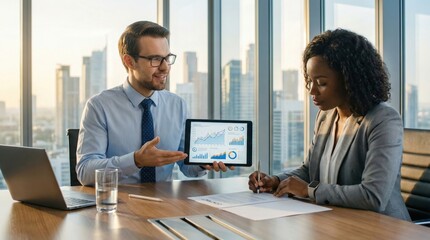 Business team meeting in modern office,professional man presenting financial analytics on tablet screen,explaining data charts to female colleague signing contract