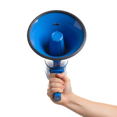 Hand holding blue megaphone isolated on transparent background