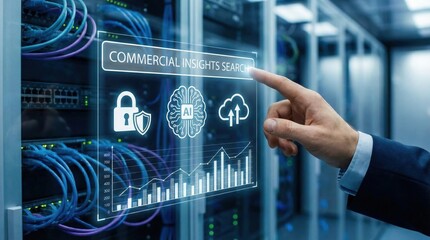 Hand touching digital screen in server room,commercial insights search interface with AI,cybersecurity,cloud and data visualization technology