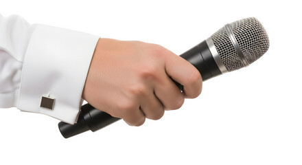Hand holding microphone isolated on transparent background