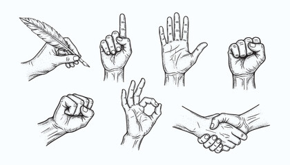 Vintage engraving of various hand gestures illustrating communication and expression