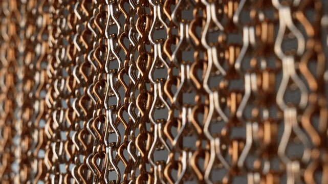Close up of golden metal chain curtain with vertical pattern.