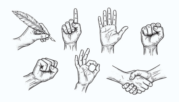 Vintage engraving of various hand gestures illustrating communication and expression