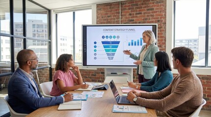 Team meeting in modern office discussing content strategy funnel presentation,collaborative business planning and marketing analysis