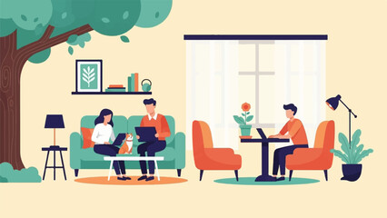 Obraz na płótnie Canvas People working remotely with pets and plants in a cozy home office