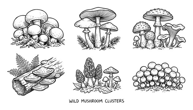 Wild mushroom clusters illustration featuring various types and groupings in a detailed line art style, fungal variety.