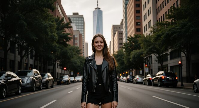 Selbstbewusste junge Frau geht l&auml;chelnd durch urbane Stra&szlig;enschlucht von New York mit Wolkenkratzern &ndash; moderner Lifestyle, Mobilit&auml;t, Freiheit und Gro&szlig;stadtenergie