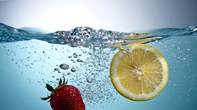Strawberry and lemon plunging into water with dynamic splash