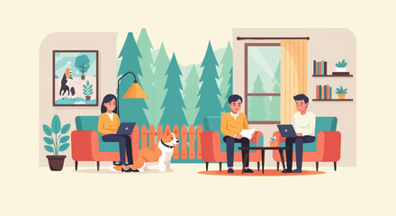 Obraz na płótnie Canvas People working from home with dog, surrounded by plants and forest scenery