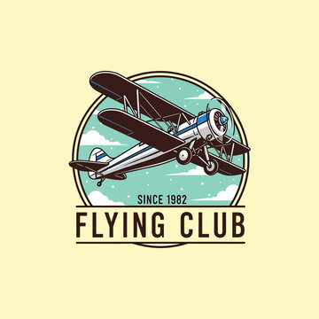 Vintage Biplane Soaring in Cloudy Sky - Retro Aviation Club Emblem Illustration