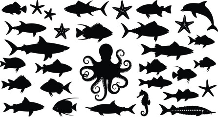 Marine life silhouette collection featuring fish octopus starfish and seahorse shapes, underwater wildlife icons, ocean animals set, black silhouettes isolated on white background © Rokeya
