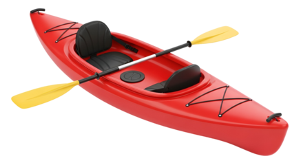 Red kayak with black seat and yellow paddles on black background