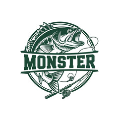 Vintage Style Monster Fish Catch Emblem with Fishing Rod and Reel Illustration