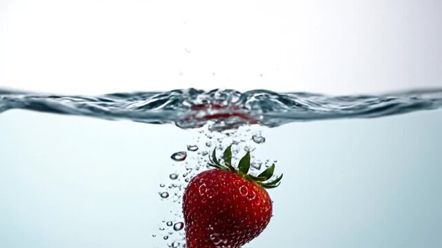 Strawberry splash fruit falling into water creating dynamic water crown