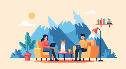 Naklejka premium People working on laptops with a dog and mountains in the background