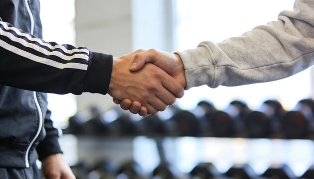 Closeup handshake between personal trainer and client in gym fitness partnership agreement motivation coaching membership and wellness concept with copy space