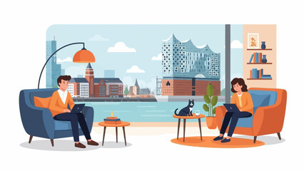 Obraz premium People work remotely with a cat and scenic cityscape backdrop