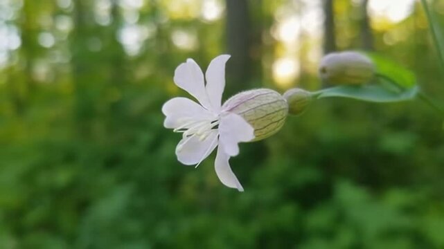 Captivating close-up of a white campion flower in a serene forest setting background
