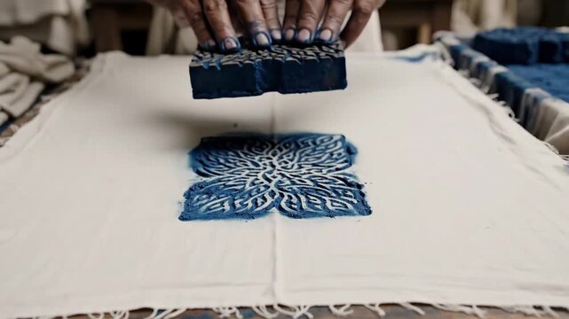 Artisan hands pressing blue ink wooden block onto white fabric creating intricate pattern close up traditional textile craft detailed work daylight lighting natural fibers