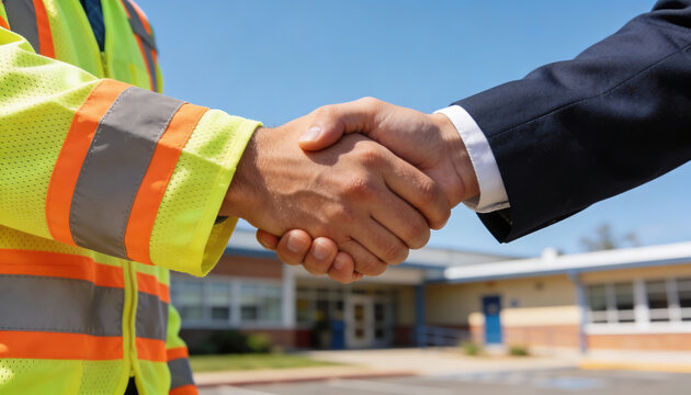 Closeup handshake between engineer in safety vest and business client at facility exterior project collaboration agreement inspection and trust concept