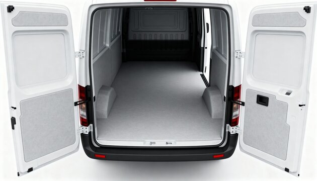 3D Render of an empty white cargo van with rear doors open, showcasing a clean, modern interior with ample copy space for commercial use.