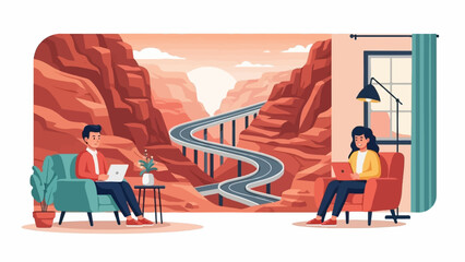 Naklejka premium People working on laptops from home with a scenic canyon highway view