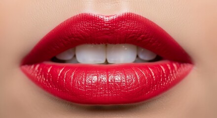 Obraz premium Vibrant red lipstick enhances perfectly pouted lips
