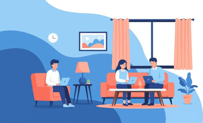 People working remotely in a living room with laptops and home decor