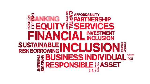 Financial inclusion animated word cloud-text design animation tag kinetic typography seamless loop.