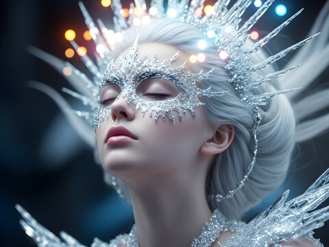 An ethereal ice queen wearing an icy white crystal mask and spiked crown poses serenely in a detailed digital art close-up, highlighted by magical bokeh.