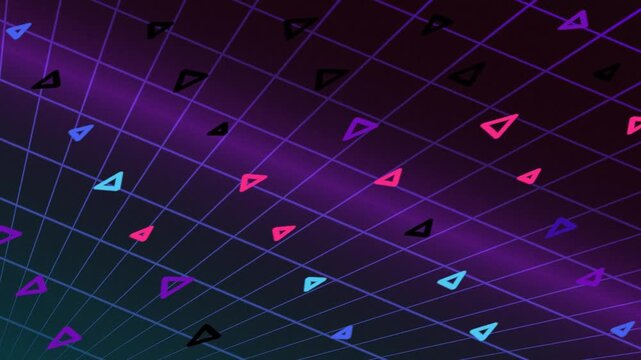 Neon Grid Matrix with Floating Triangles in Motion.