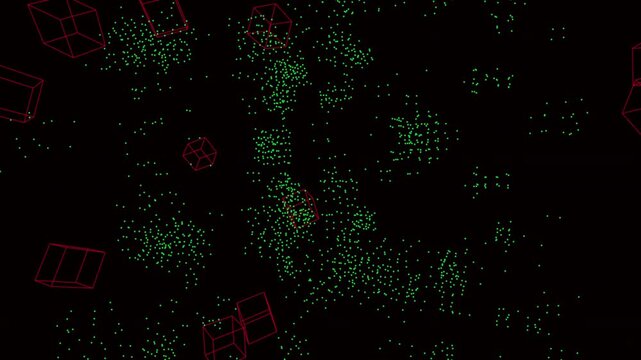 3D procedural animation of a digital containment cube fracturing under brute force attack. Red alert wireframe geometry with glitching data particles. Seamless loop for cybersecurity and hacking .